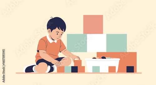 Young Boy Concentrating On Building A Block Tower During Playtime Activity
