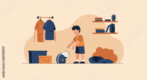Young Boy Doing Laundry At Home Cartoon Illustration Vector Style