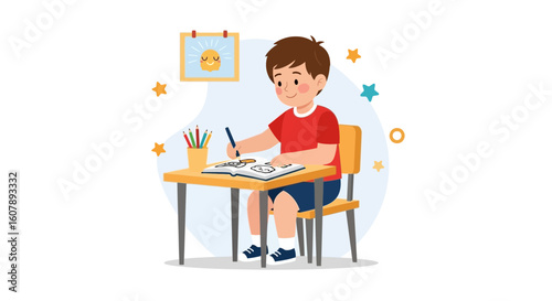 Young Boy Engaged in Creative Drawing At His Desk In Bright Room