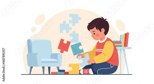 Young Boy Engaged In Educational Playtime At Home Solving Jigsaw Puzzle