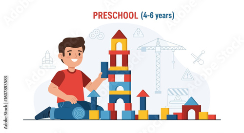 Young Boy Enjoys Creative Playtime Stacking Colorful Building Blocks At Home