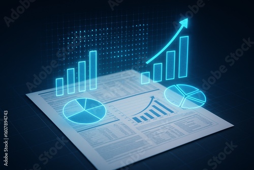 A blue and white paper with a graph of a rising line and a pie chart