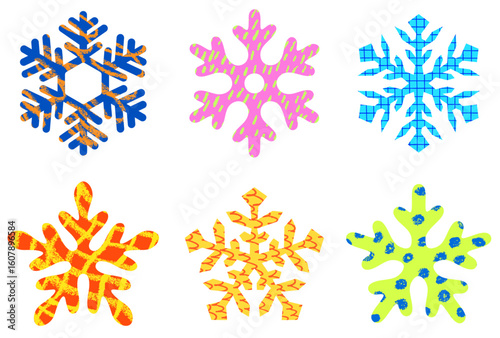 Six vibrant snowflakes in unique shapes and bright textures on white background. Fun winter-themed vector design.