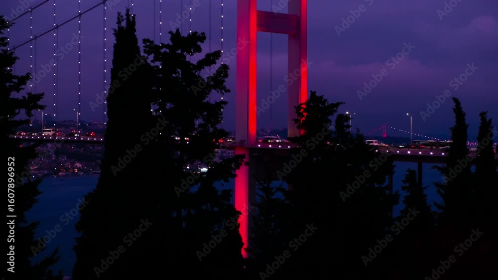 View of the First Bosphorus Bridge in Istanbul. The bridge connects the European and Asian parts of the city across the Bosphorus Strait