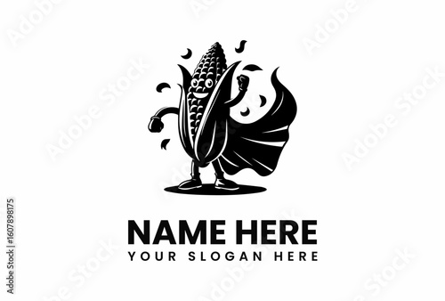 Cartoon Corn Character with Cape Gloves and Boots in Black and White.