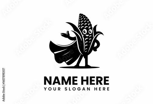 Cartoon Corn Cob Superhero with Cape and Googly Eyes in Black Silhouette.