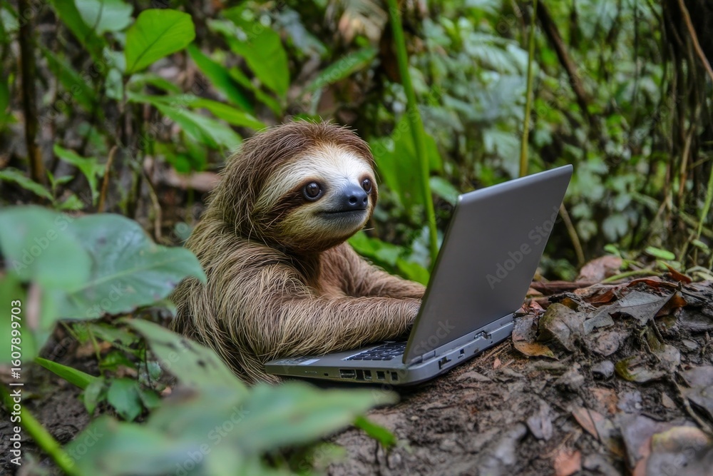 Fototapeta premium In a green forest setting, a very cute and adorable sloth is sitting and looking at a laptop screen, creating a funny and lovely meme