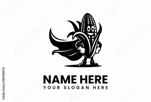 Cartoon Corn Superhero with Flowing Cape and Boots Black and White Logo.