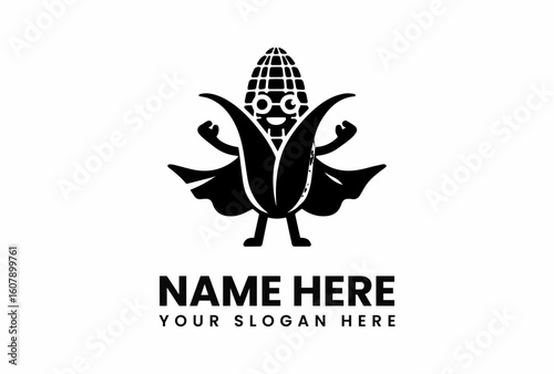 Cartoon Corn Superhero with Cape and Glasses Black Silhouette.