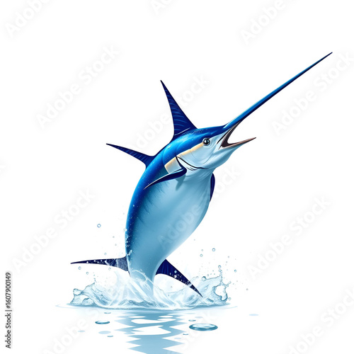 Majestic Blue Marlin Dances on White Canvas on a White or Clear Surface PNG Transparent Background.