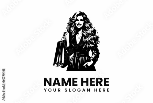 Elegant woman with shopping bag wearing a belted trench coat and pendant necklace.