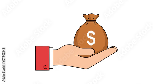 Vector art of a human hand in a red sleeve holds a brown money bag with a dollar sign, isolated on a white background