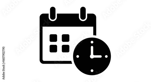 Vector art of a black icon representing a calendar with a clock beside it, symbolizing time management and scheduling