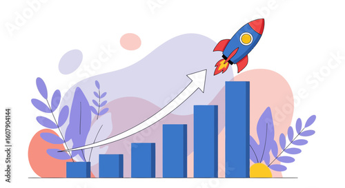 Vector art of a blue rocket ascends above a rising bar graph, symbolizing business growth and success with a white arrow indicating upward progress