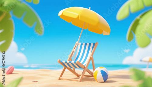 A vivid illustration of the ocean or sea shore, on which there is an armchair with an umbrella and an inflatable rubber ball. It's time for vacations and summer. Vector graphics. EPS.