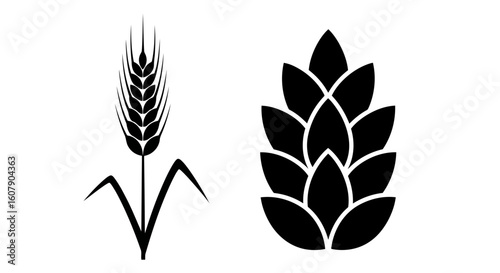 Vector art of a black silhouette of a wheat stalk and a hop cone are displayed sidebyside against a stark white background, symbolizing agriculture and brewing ingredients