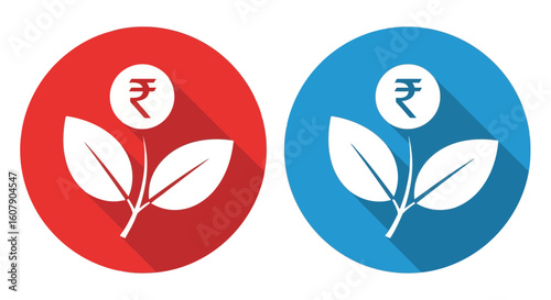 Vector art of two circular icons, one red and one blue, depict a growing plant with a rupee symbol at its top, symbolizing financial growth and investment