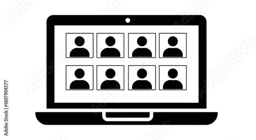 Vector art of a laptop screen displays a grid of eight user icons, symbolizing a video conference or online meeting with multiple participants