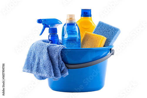 A blue bucket filled with cleaning supplies including a sponge