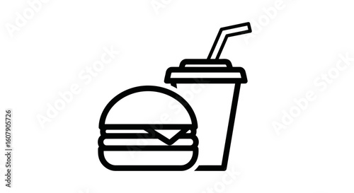 Vector art of a simple black and white illustration of a burger and a drink with a straw, perfect for fast food or casual dining concepts