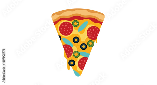 Vector art of a delicious slice of pepperoni and jalapeno pizza, dripping with melted cheese, isolated on a white background