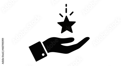Vector art of a stylized black icon depicts a hand open and upward, presenting a shining star above it, symbolizing achievement and recognition