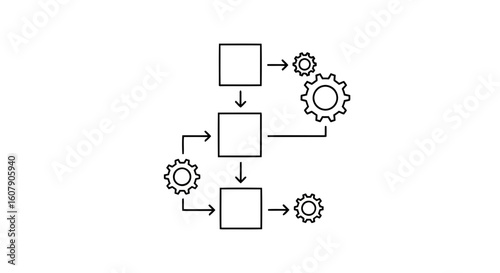 Vector art of a simple line drawing illustrates a business process workflow with interconnected gears and sequential steps represented by boxes