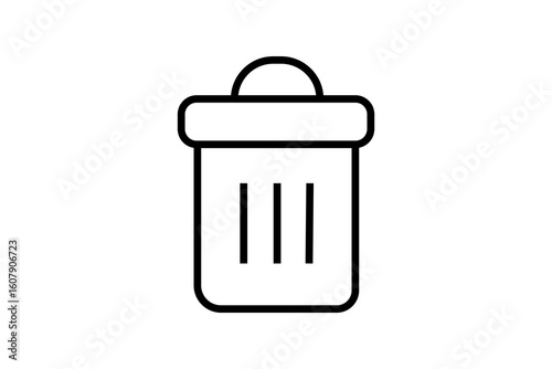 The trash bin has a rounded rectangular body, a lid with a curved handle on top, and three vertical lines inside the bin representing content.