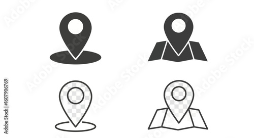 Vector art of a collection of four map location pin icons, two solid and two outline, representing navigation and destination finding
