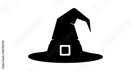 Vector art of a classic black witch hat with a pointed crown and a wide brim, featuring a square buckle, isolated on a white background