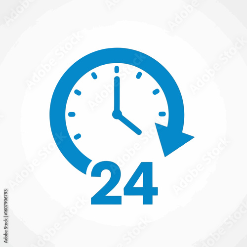 Vector art of a blue clock icon with a circular arrow indicating 24hour service and availability