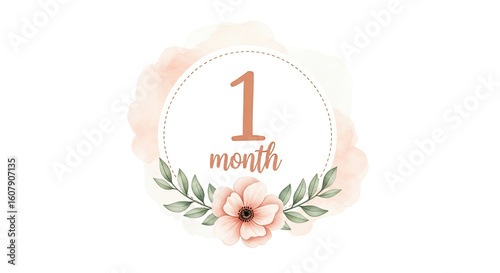 One month milestone card with floral wreath and peach watercolor background for baby photography prop