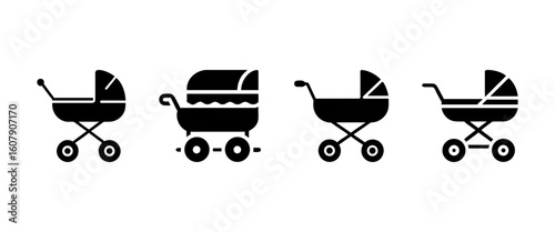 Baby strollers. A set of four icons with different types of baby strollers and prams. Designs include both modern and classic styles with wheels and protective covers.