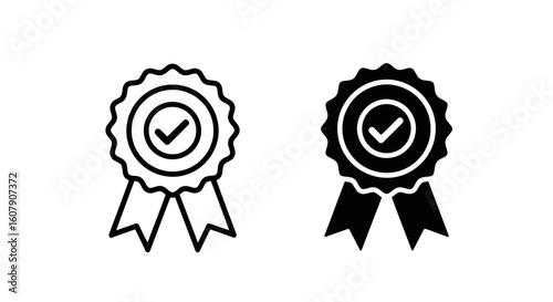 Vector art of two stylized award ribbons, one outlined and one solid black, both featuring a central circle with a checkmark inside, symbolizing quality and approval