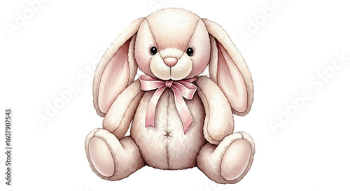 A soft plush bunny with a pink bow sitting upright and looking forward against a black background