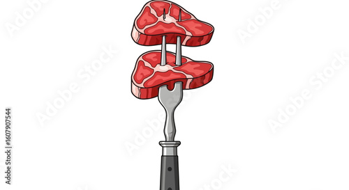 Vector art of two raw steaks impaled on a silver fork, ready for cooking, isolated on a white background