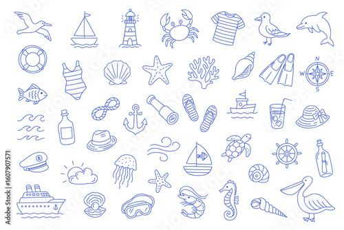 45 marine icons set in outline editable vector. Nautical summer elements big pack.