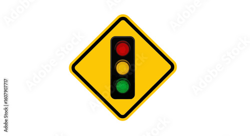 Vector art of a yellow diamondshaped warning sign displays a vertical traffic light with red, amber, and green signals, indicating a potential traffic control ahead