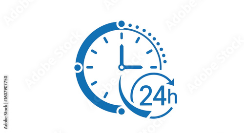 Vector art of a blue circular clock icon with an arrow indicating 24hour service and availability, symbolizing continuous operation and support