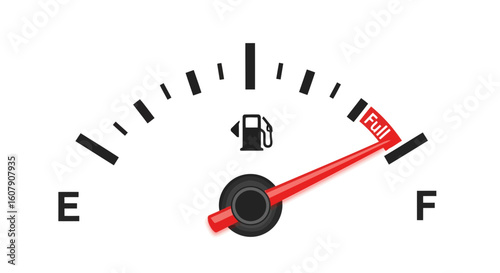 Vector art of a cars fuel gauge shows the tank is full, with the needle pointing to f on the white dial