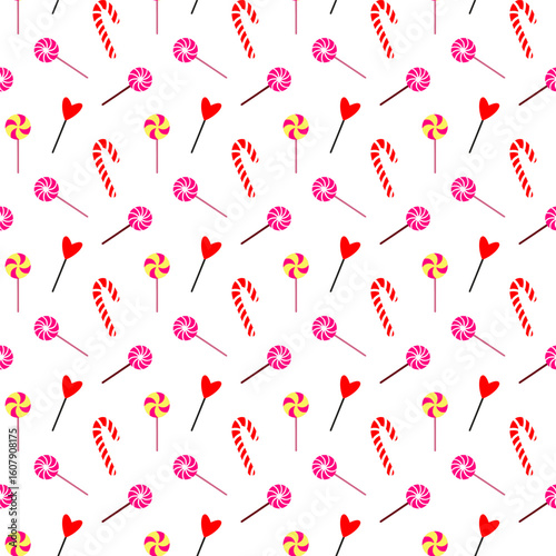 Candy seamless pattern with colorful lollipops in doodle style. Hand drawn sweet candy design perfect for Easter, Halloween, Valentine and Christmas. Concept of joy and fun with candy everywhere.