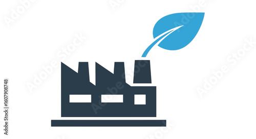 Vector art of a modern factory building with a vibrant blue leaf symbolizing ecofriendly industry and sustainable growth