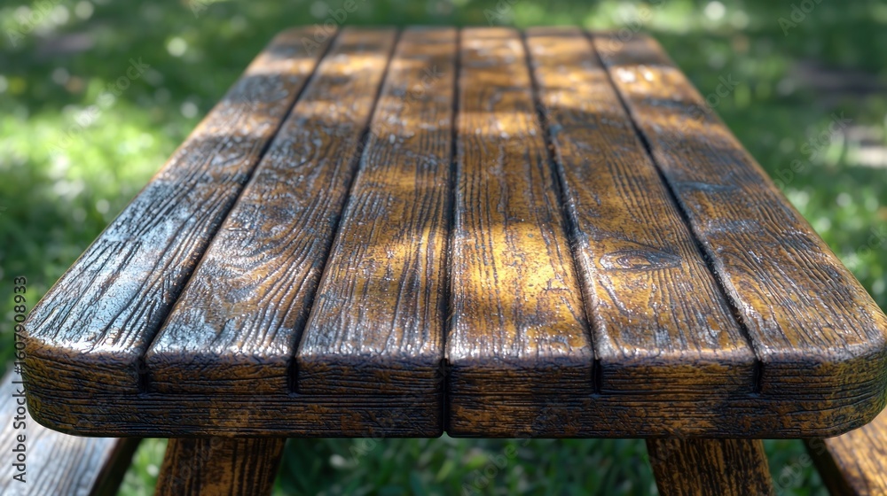 Fototapeta premium Weathered picnic table, close-up view