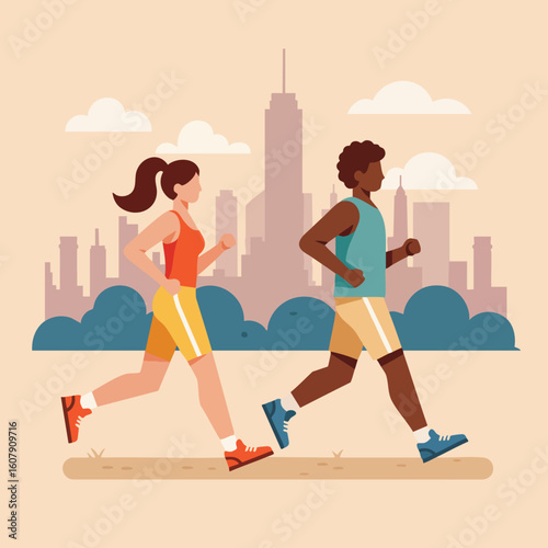 Two runners jogging in urban park with city skyline background and casual athletic wear for exercise 