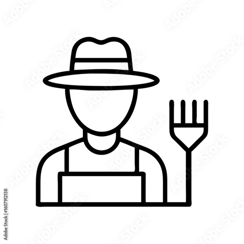 Farmer with hat and pitchfork vector icon agriculture farming harvest rural worker outline design