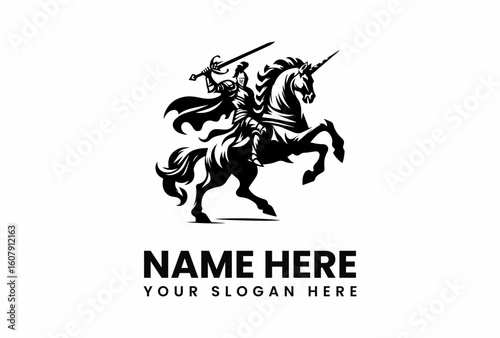 Silhouette of a Knight with Sword Riding a Rearing Unicorn.