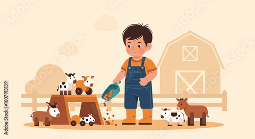 Young Boy Feeds Farm Animals On a Quiet Farm With Barn And Fences