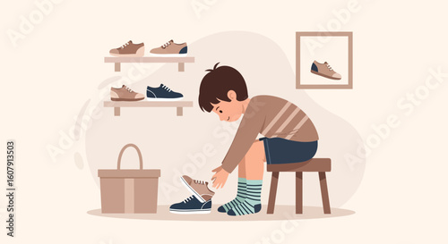 Young Boy Trying On Shoes In a Shoe Store Or At Home Illustration