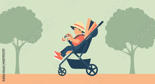 Young Child Enjoying A Peaceful Stroll In A Stroller During Summer Vacation