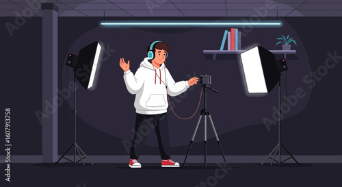Young Content Creator Filming Video At Home Studio With Professional Lighting